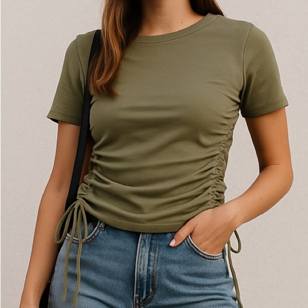 Zara Olive Green Ruched Side Tie T-Shirt Size Large